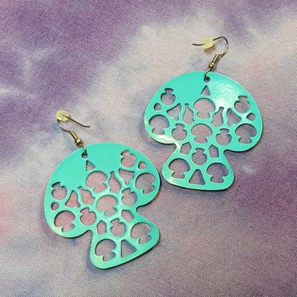 Handmade Metal Aqua & Gold Mushroom Cutout Earrings - Picture 4 of 4